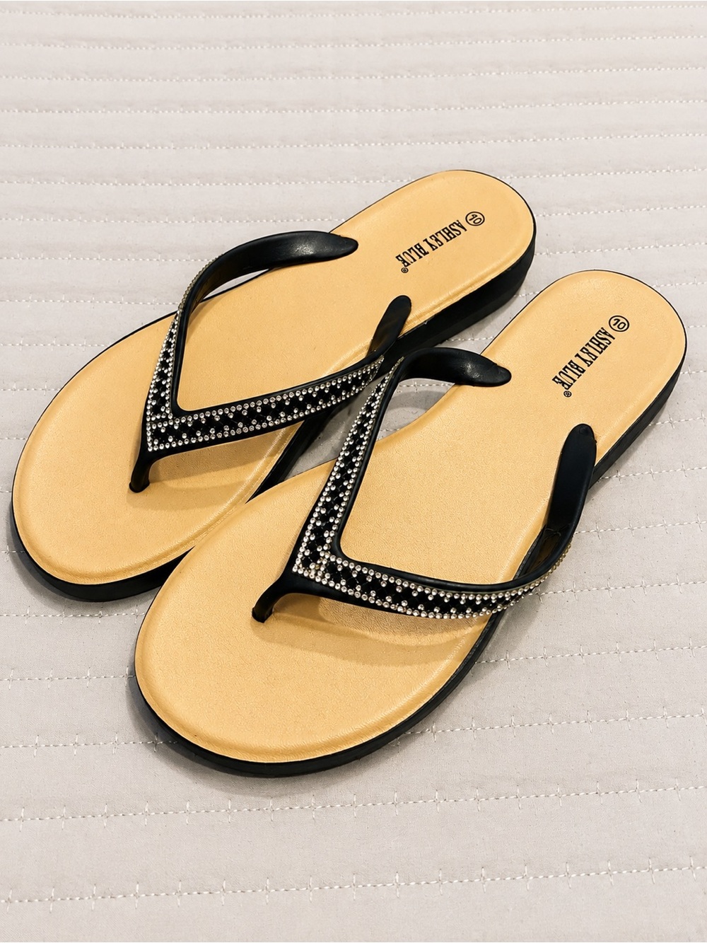 Ashley Blue Black Thong Sandals with Rhinestone Accents
